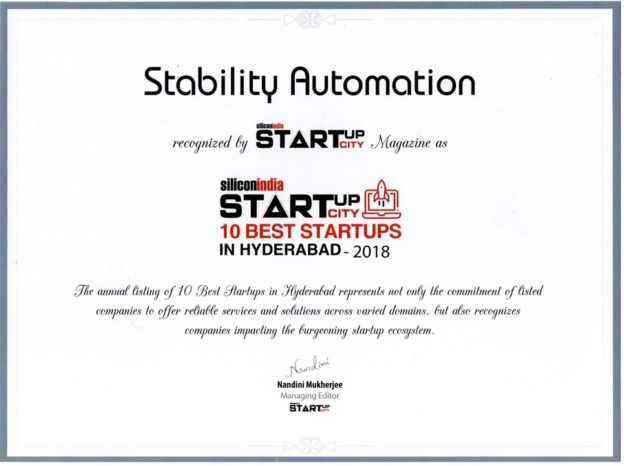 STABILITY AUTOMATION Selected as 10 BEST STARTUPS in Hyderabad